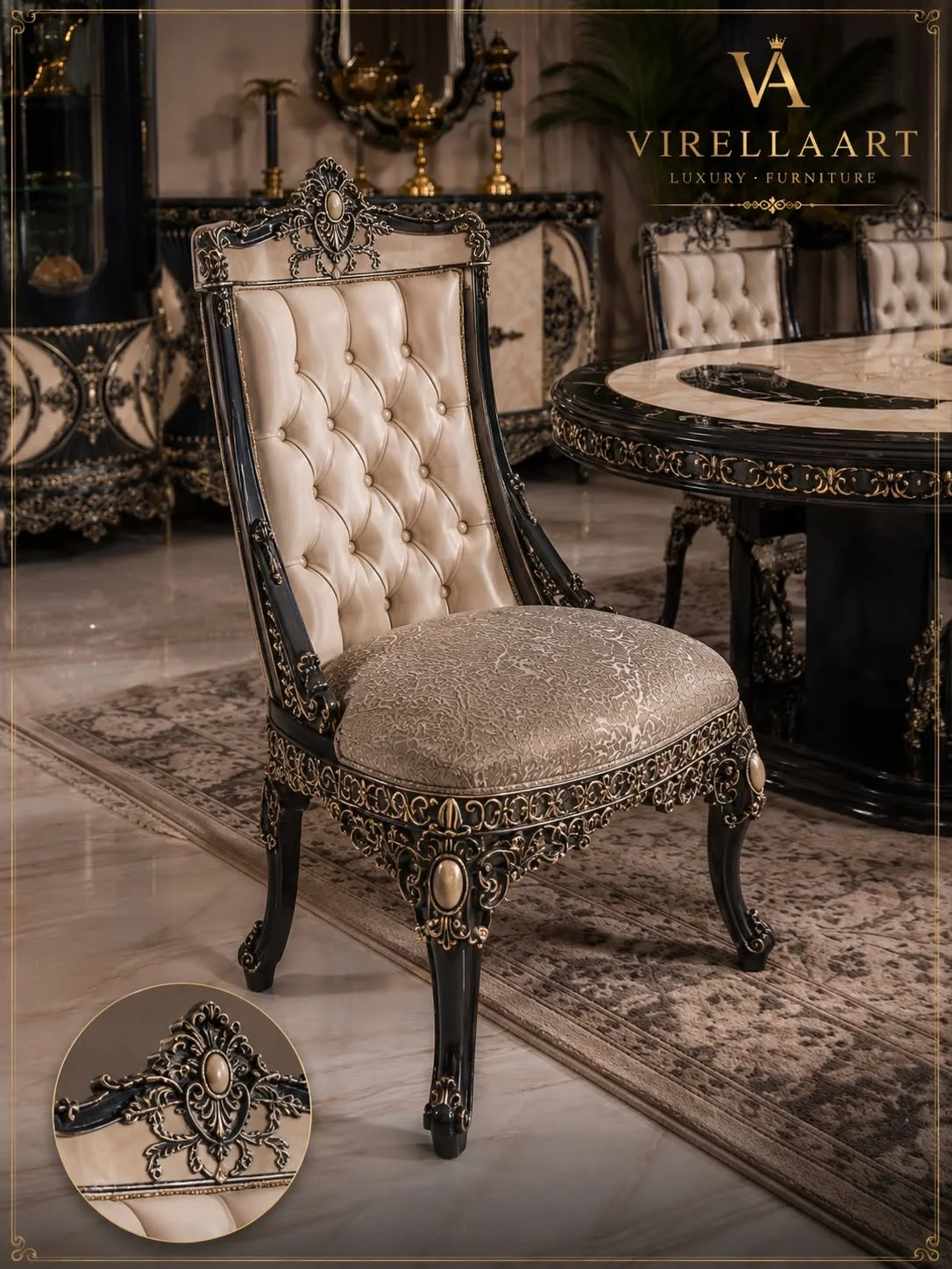 Milano Blue high-back dining chair with cream tufted upholstery, patterned seat and an ornate black carved frame