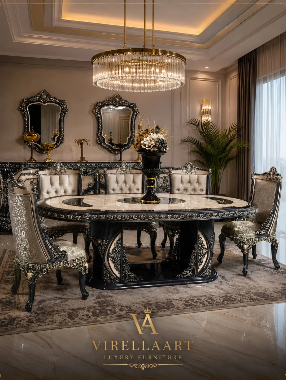 Front view of the Milano Blue oval dining table with six cream chairs, carved black pedestal bases and matching sideboard behind