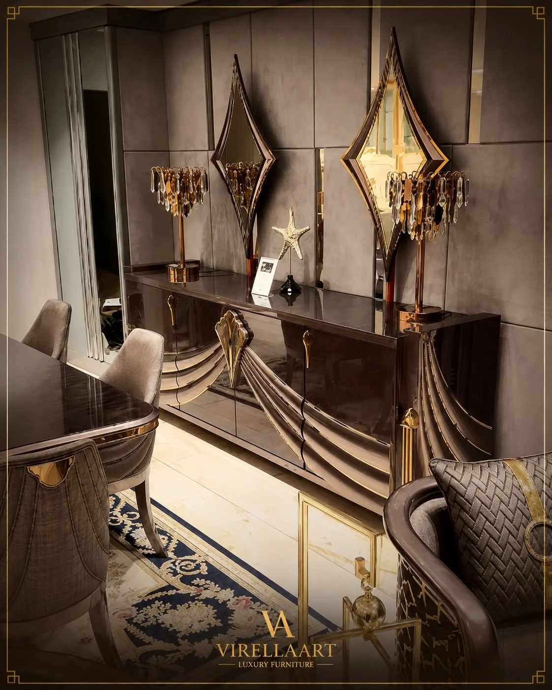Shawl dark dining sideboard with sweeping layered front panels, gold-tone handles and two geometric framed wall mirrors
