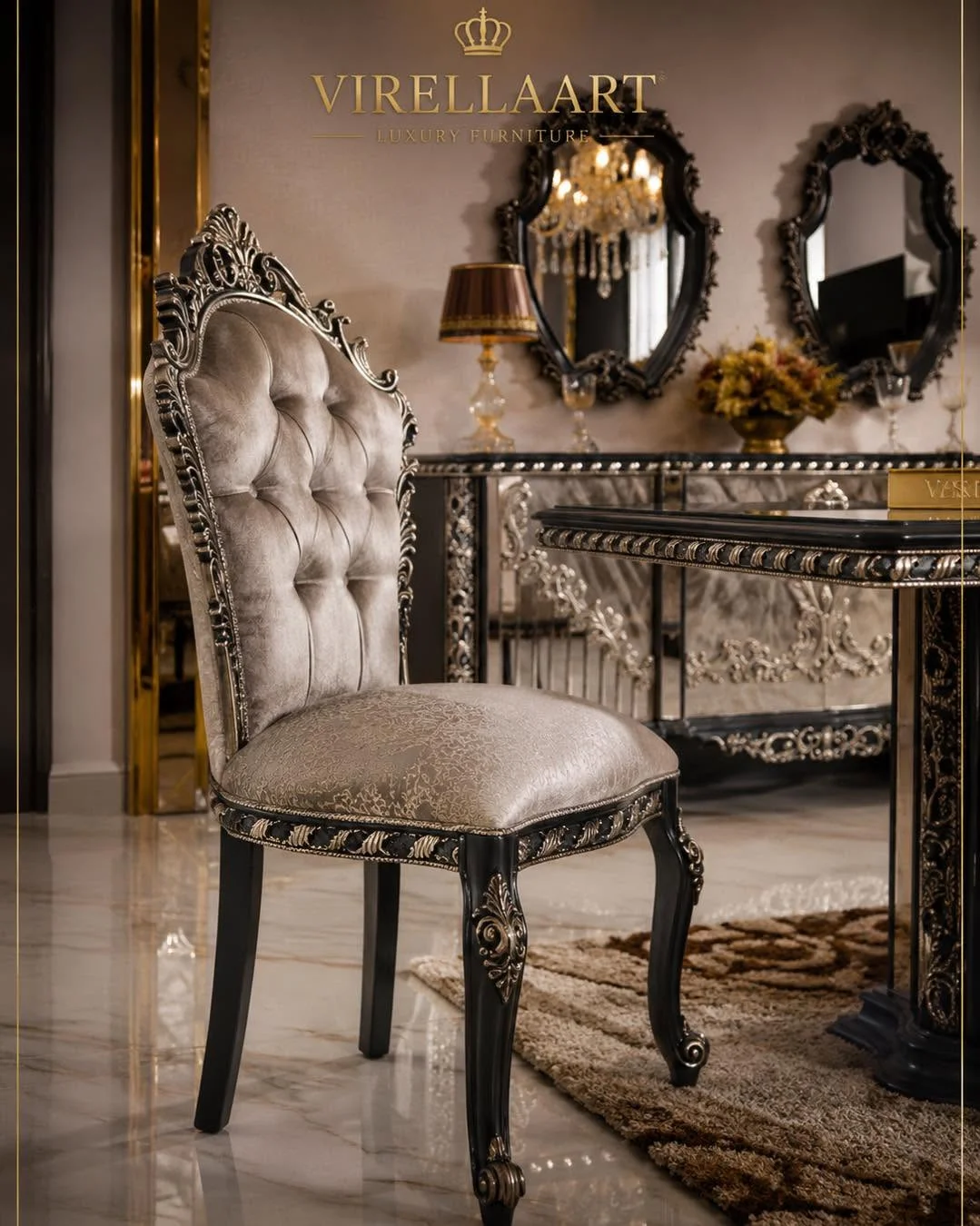 Zumrut high-back dining chair with tufted taupe upholstery, patterned seat and an ornate black and silver-tone carved frame