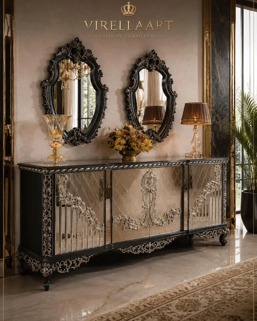 Zumrut mirrored dining sideboard with silver-tone scrollwork, glossy black framing and two matching ornate wall mirrors