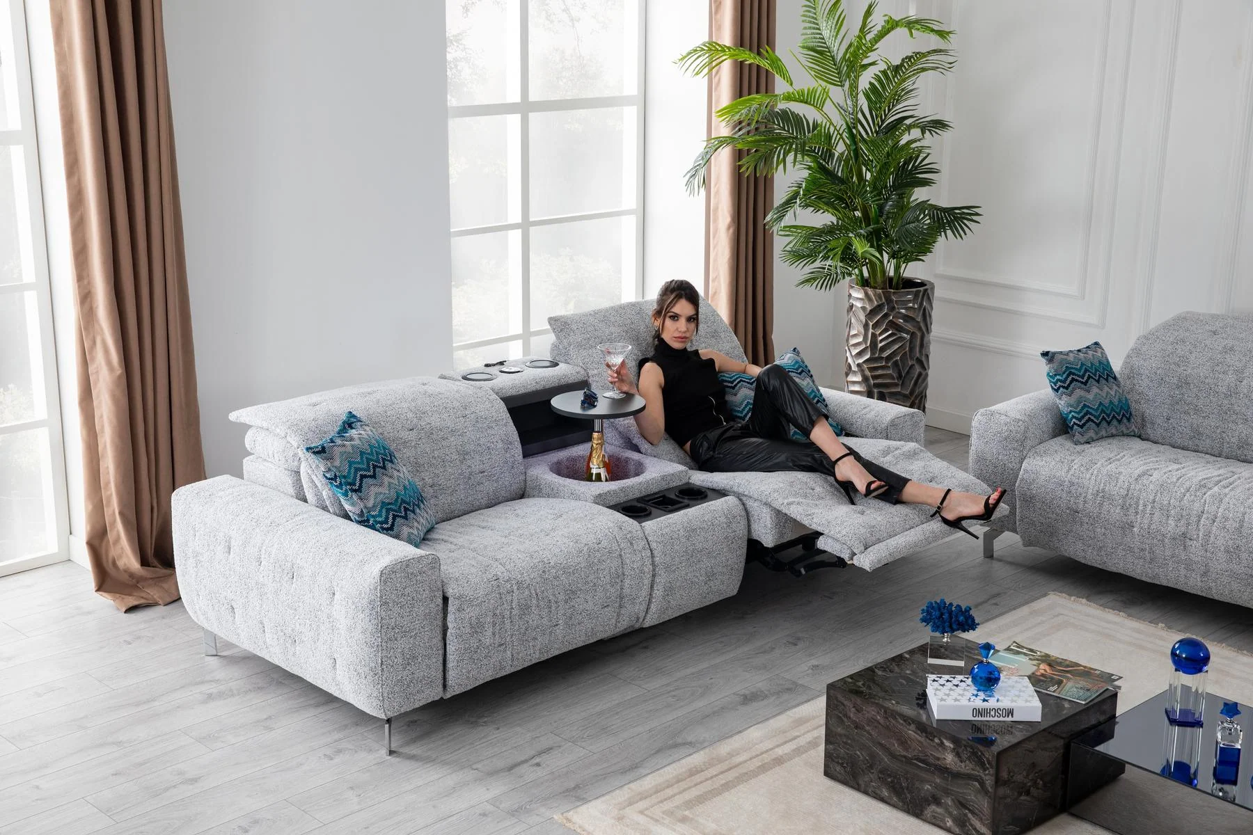 DUBAİ luxury grey sofa set viewed from an elevated interior angle