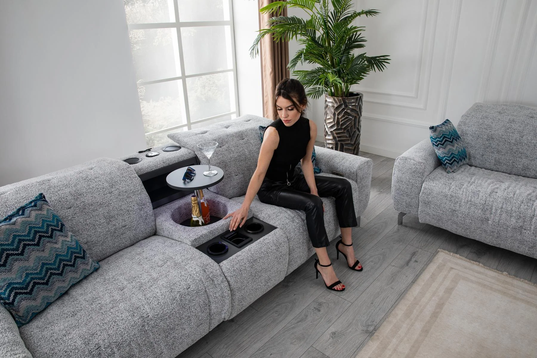 DUBAİ modern grey sofa viewed from above with deep square seat cushions