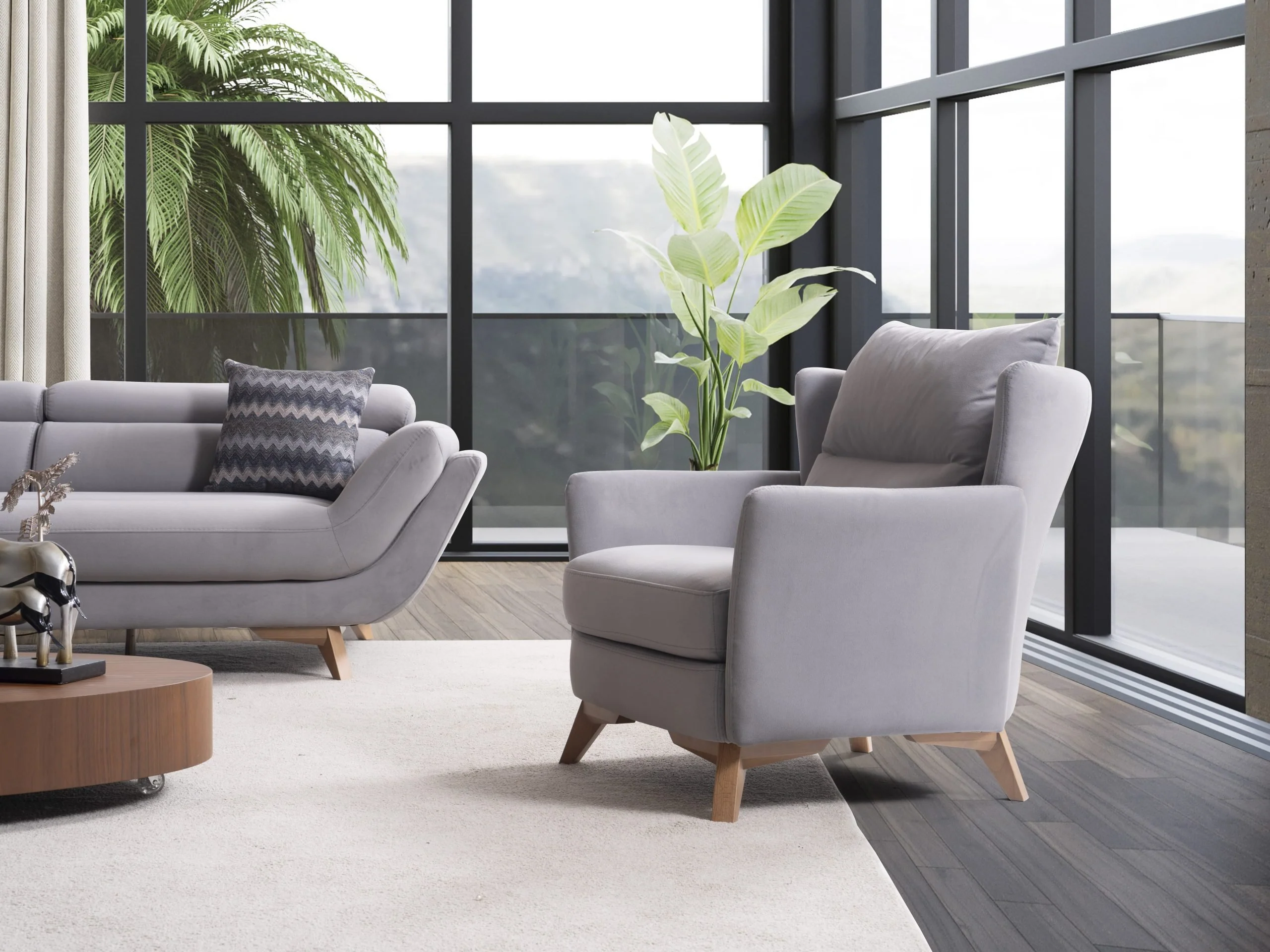 EFTELYA contemporary sofa and armchair collection with refined grey upholstery