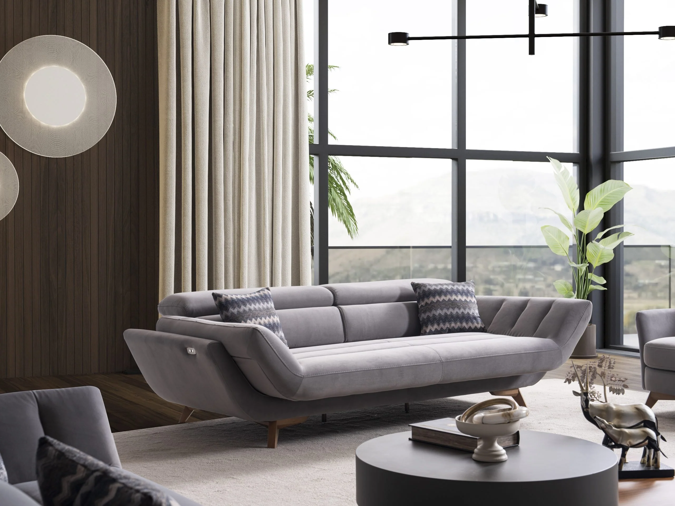 EFTELYA luxury grey sofa set with distinctive winged arms and elevated base