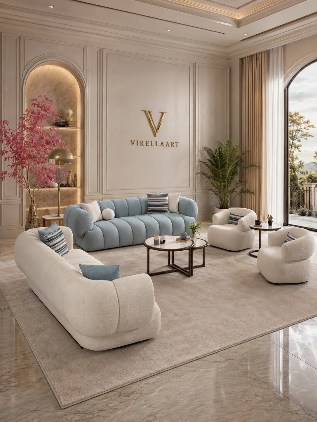 ELEGANT modern 3+3+1+1 sofa set in a luxury neutral living room with a coordinated center table