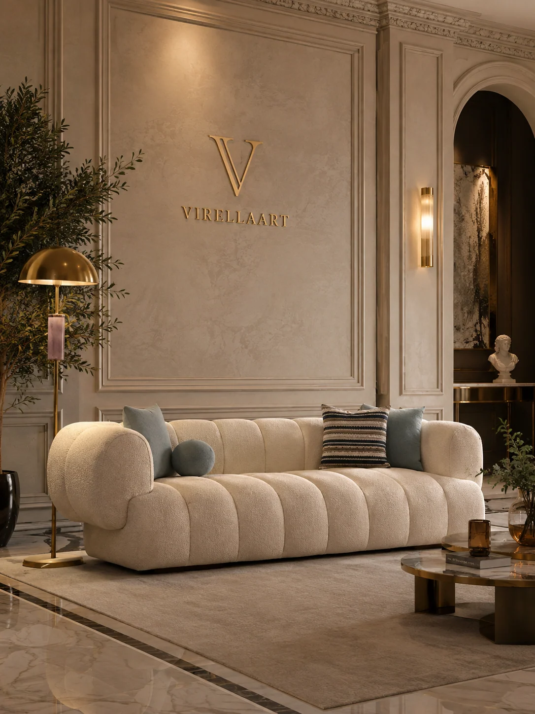 ELEGANT three-seat sofa with softly rounded upholstery, layered cushions and refined contrasting details