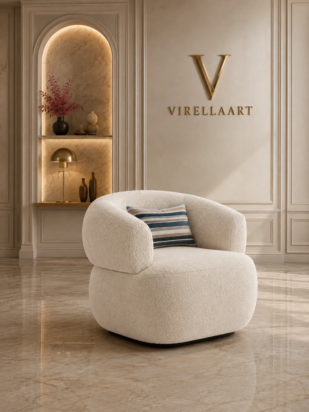 ELEGANT sculptural modern armchair with a curved back, deep seat and neutral upholstery