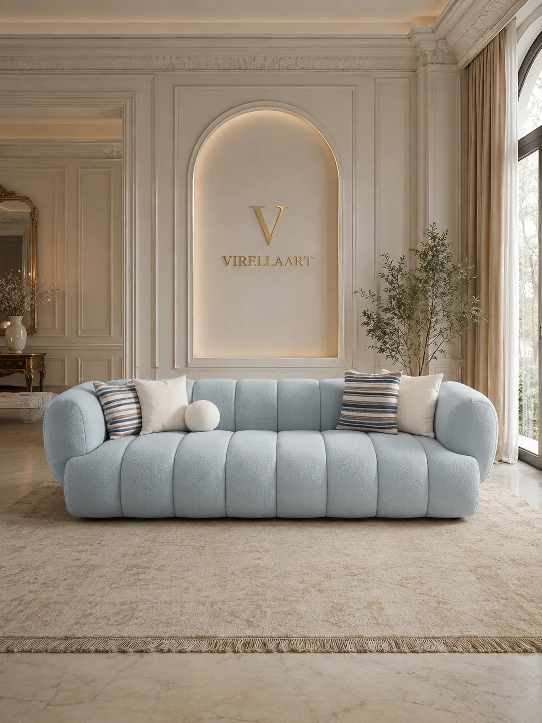 ELEGANT contemporary three-seat sofa in a soft blue-grey tone with rounded arms and layered cushions