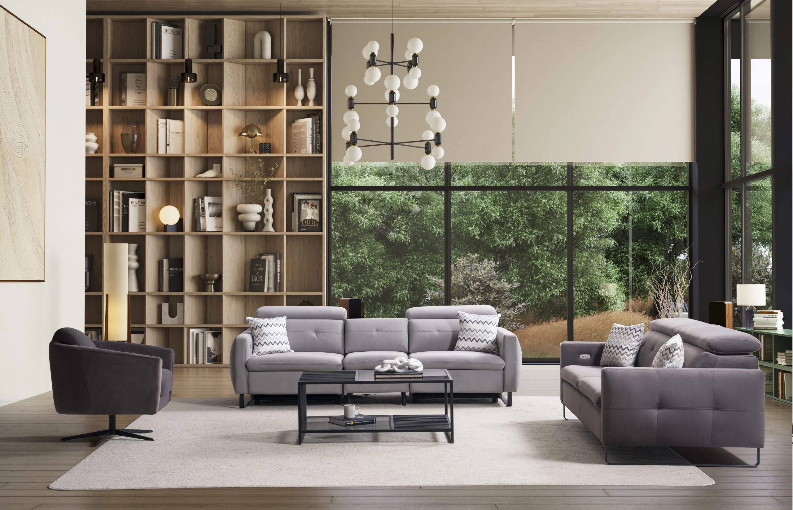 GIZEM 3+3+1+1 grey sofa set with adjustable headrests and contemporary metal legs