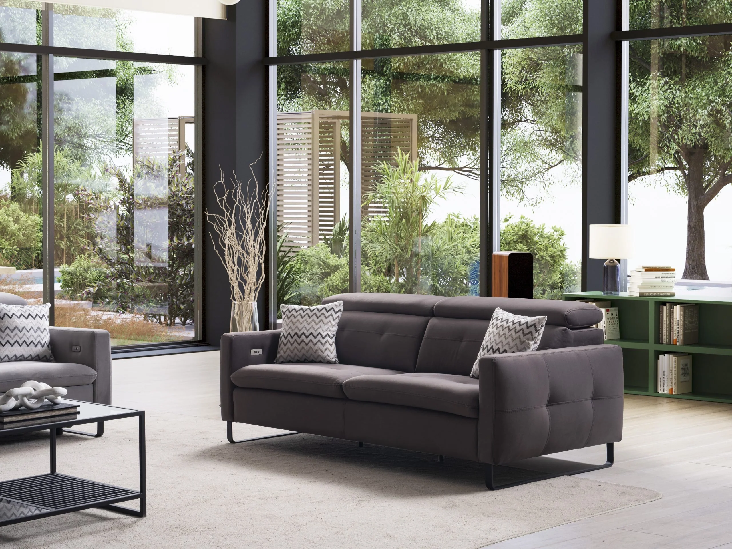 GIZEM three-seat modern recliner sofa with structured cushions and raised headrests