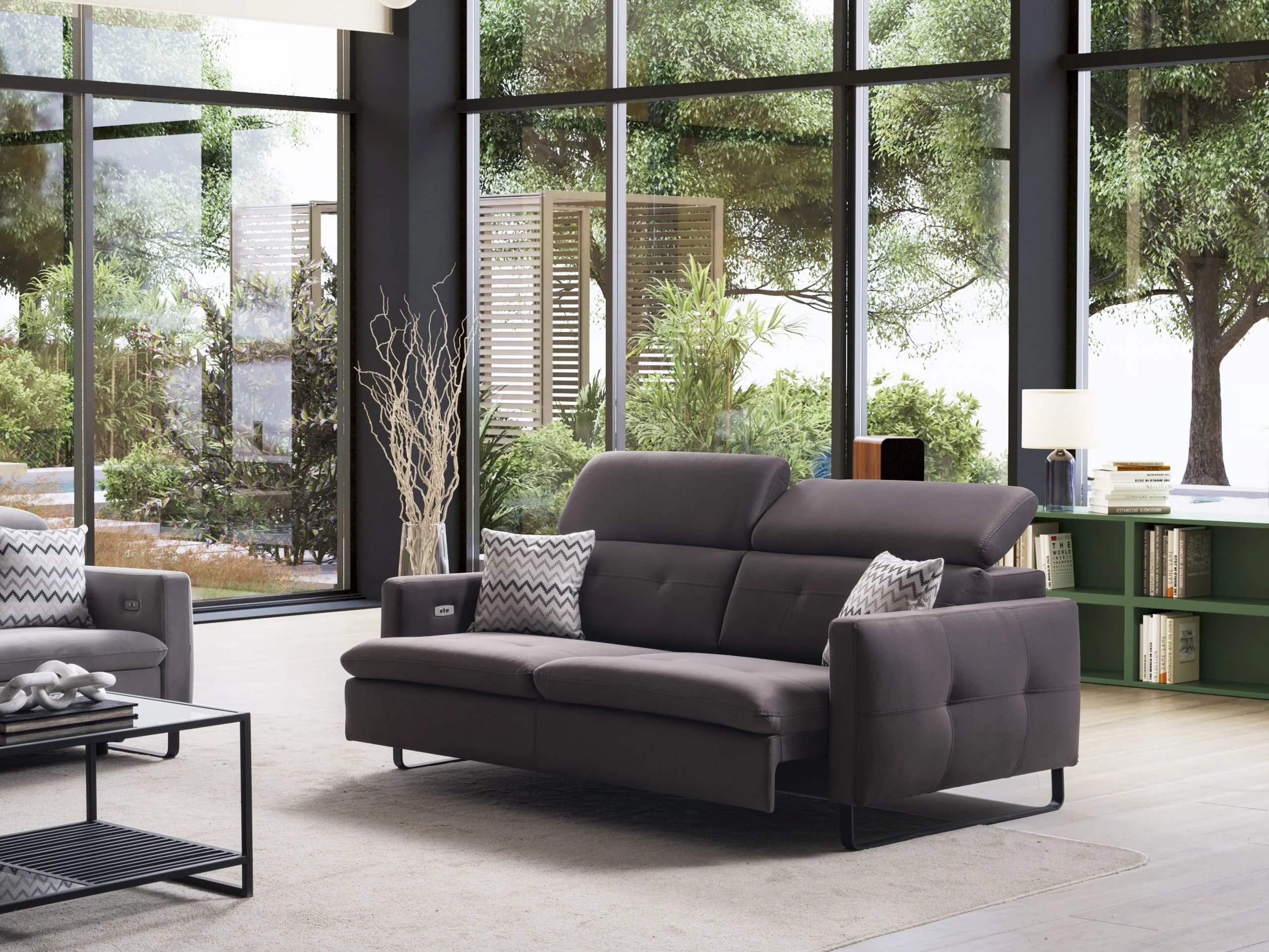 GIZEM contemporary sofa with adjustable headrests shown in an elevated position