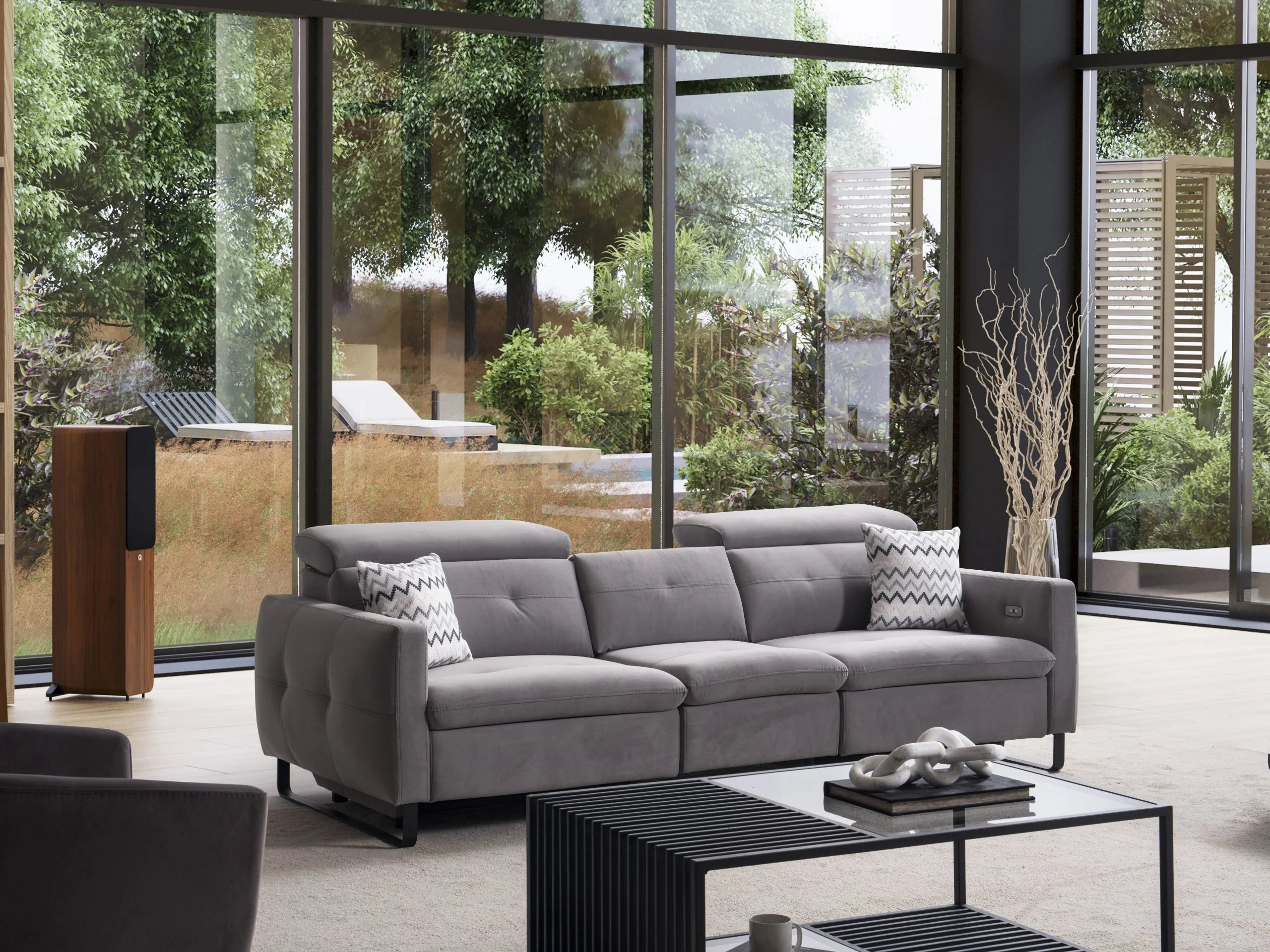GIZEM luxury grey three-seat sofa with clean arms and tailored seat cushions