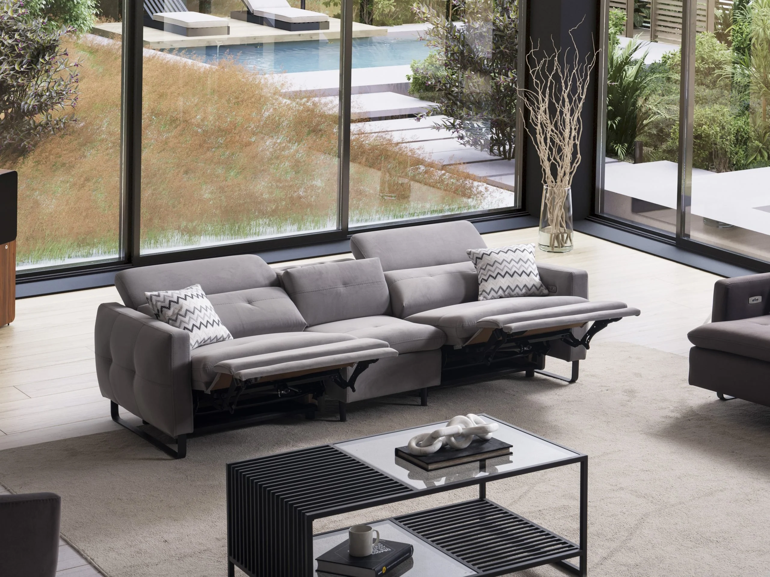 GIZEM modern three-seat sofa with dual reclining footrests fully extended
