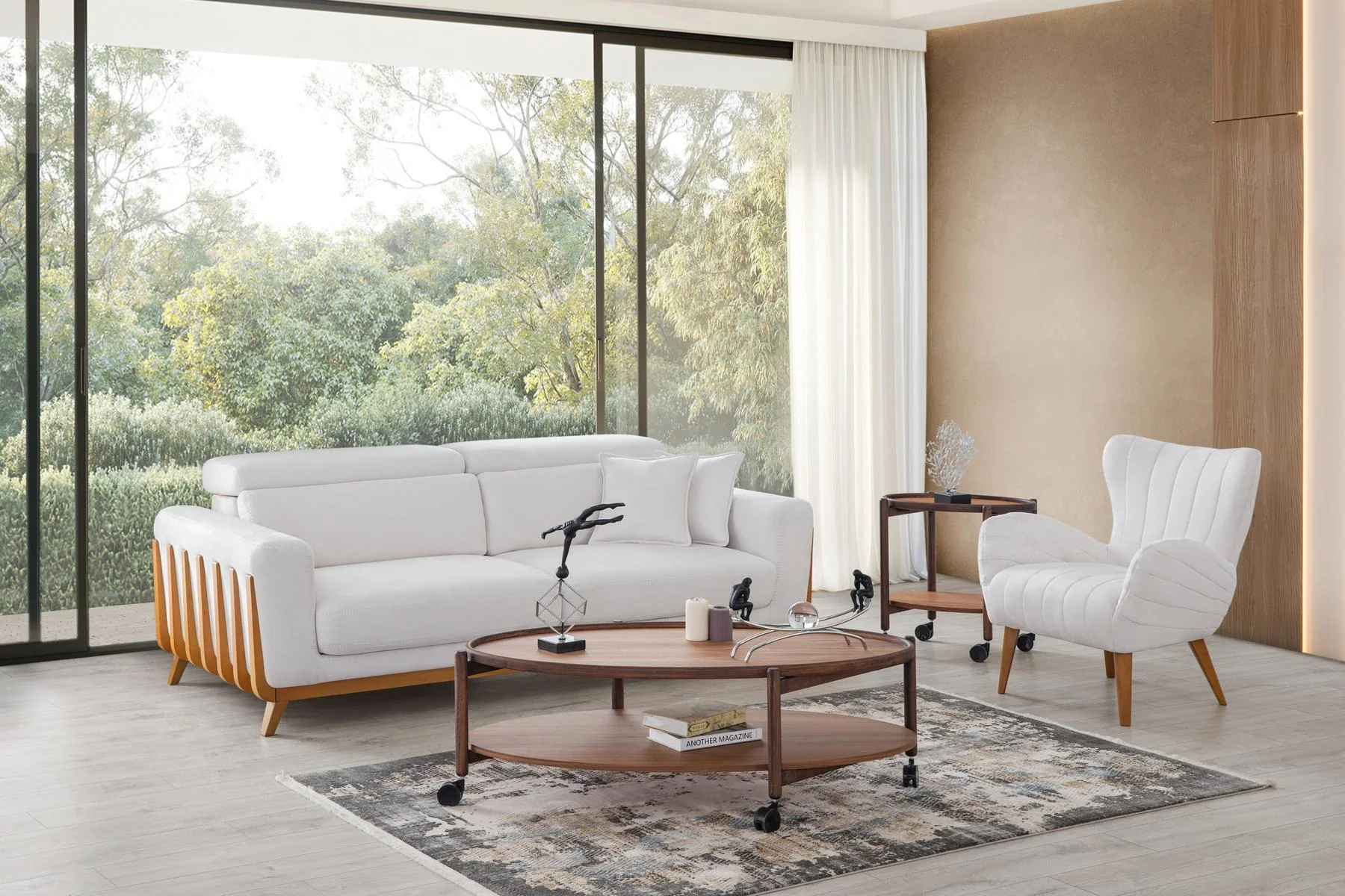 HÜNKAR modern white sofa set with warm wood frame in a bright luxury living room