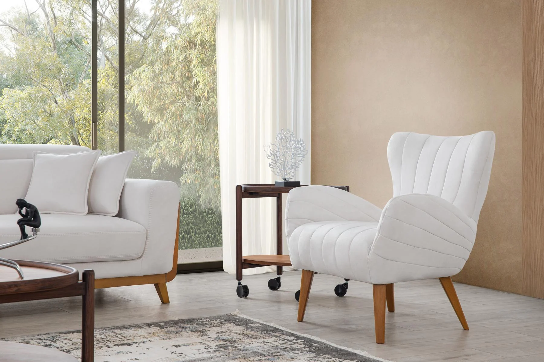 HÜNKAR modern white sofa side detail with vertical warm wood frame elements