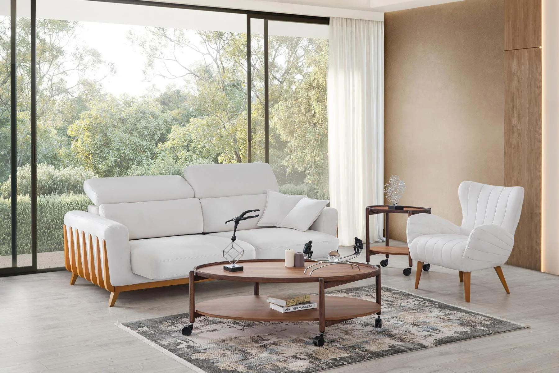 HÜNKAR sculptural white accent chair with channel detailing and tapered wood legs
