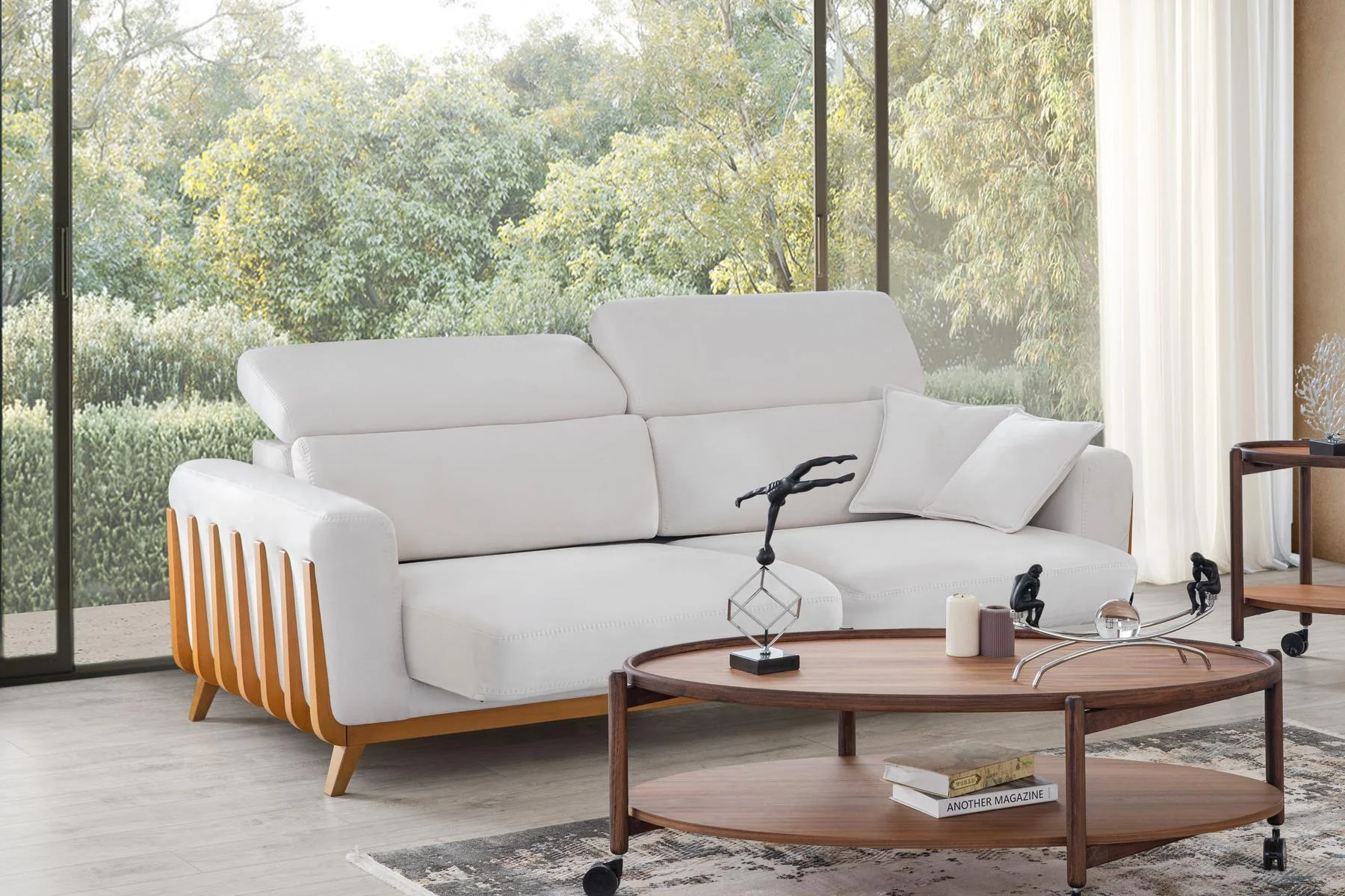 HÜNKAR white sofa with raised adjustable headrests and warm wood exterior frame