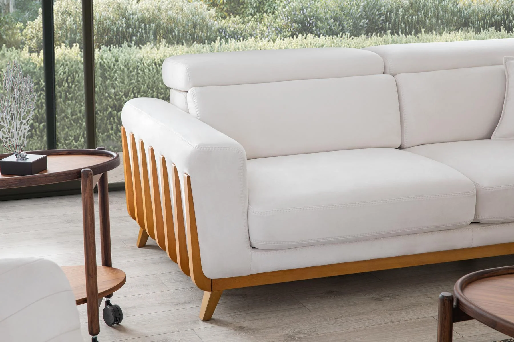 HÜNKAR modern white sofa front view with refined architectural proportions