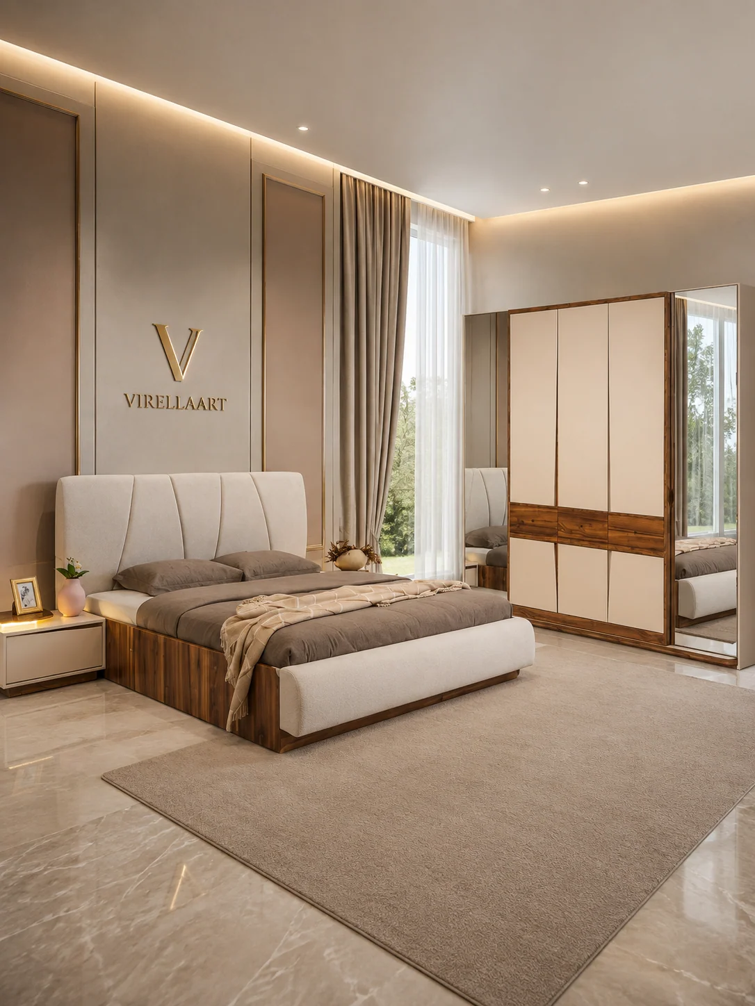 LAZIO modern bedroom set with storage bed, wardrobe and coordinated furniture in a warm luxury interior