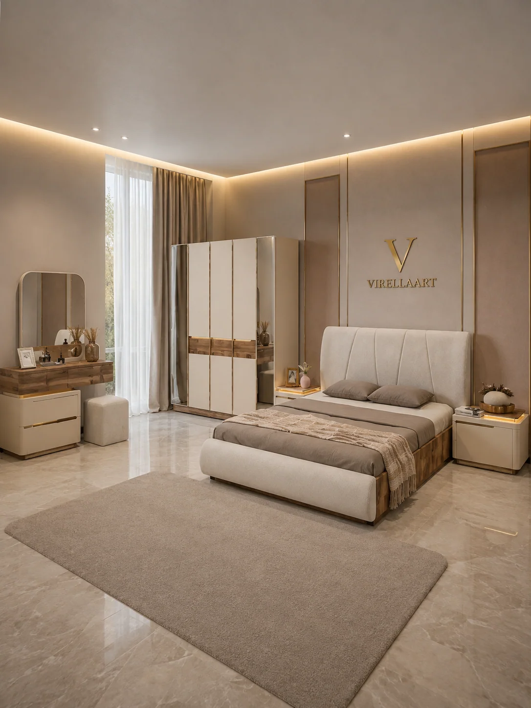 LAZIO complete bedroom arrangement with upholstered storage bed, wardrobe, dresser and nightstands
