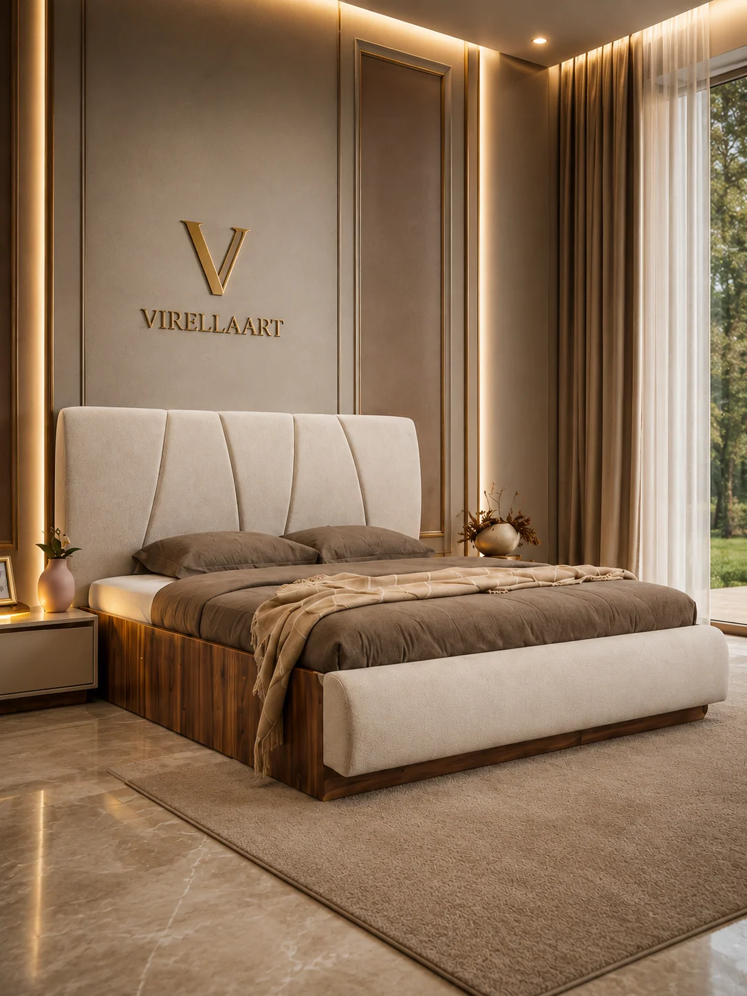 LAZIO storage bed with a softly upholstered headboard, rounded base and coordinated nightstands