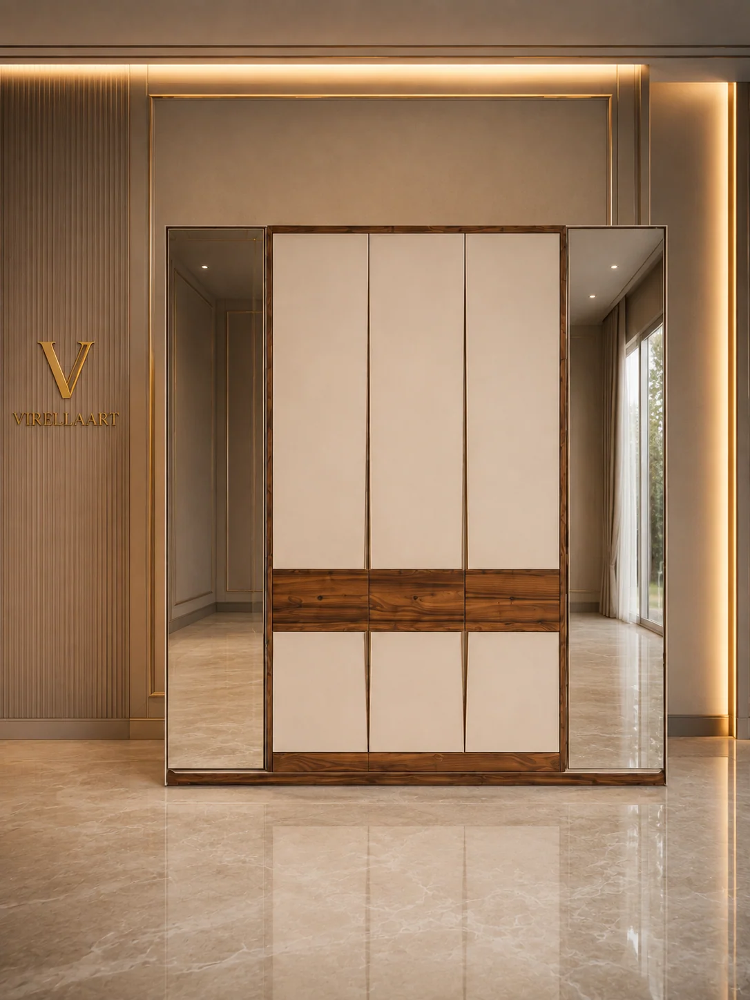 LAZIO modern wardrobe with mirrored doors, neutral panels and warm wood accent details