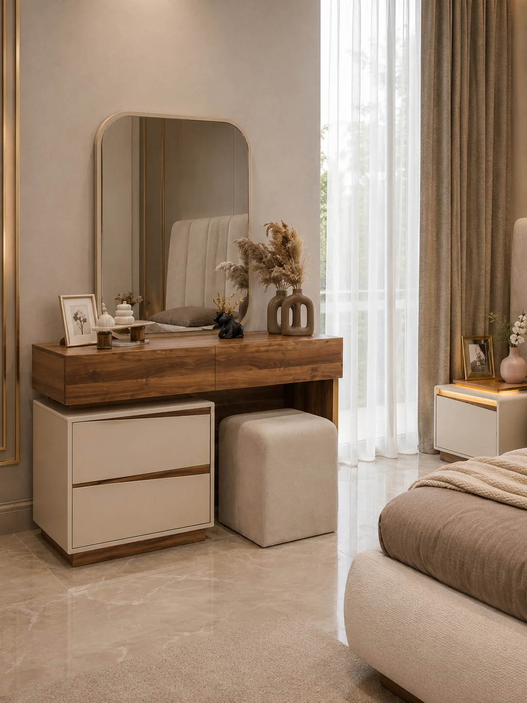 LAZIO dresser with rounded mirror, coordinated drawers and upholstered pouf in a modern bedroom