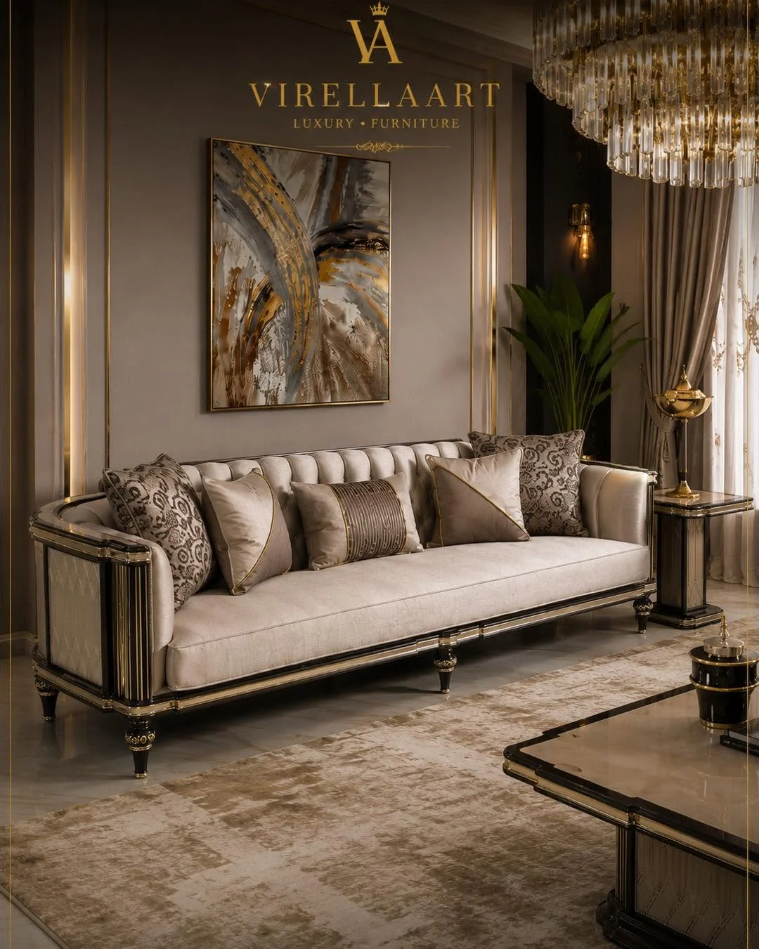 Lina ivory three-seat sofa front view with a tufted back, dark frame, gold-tone details and matching side table
