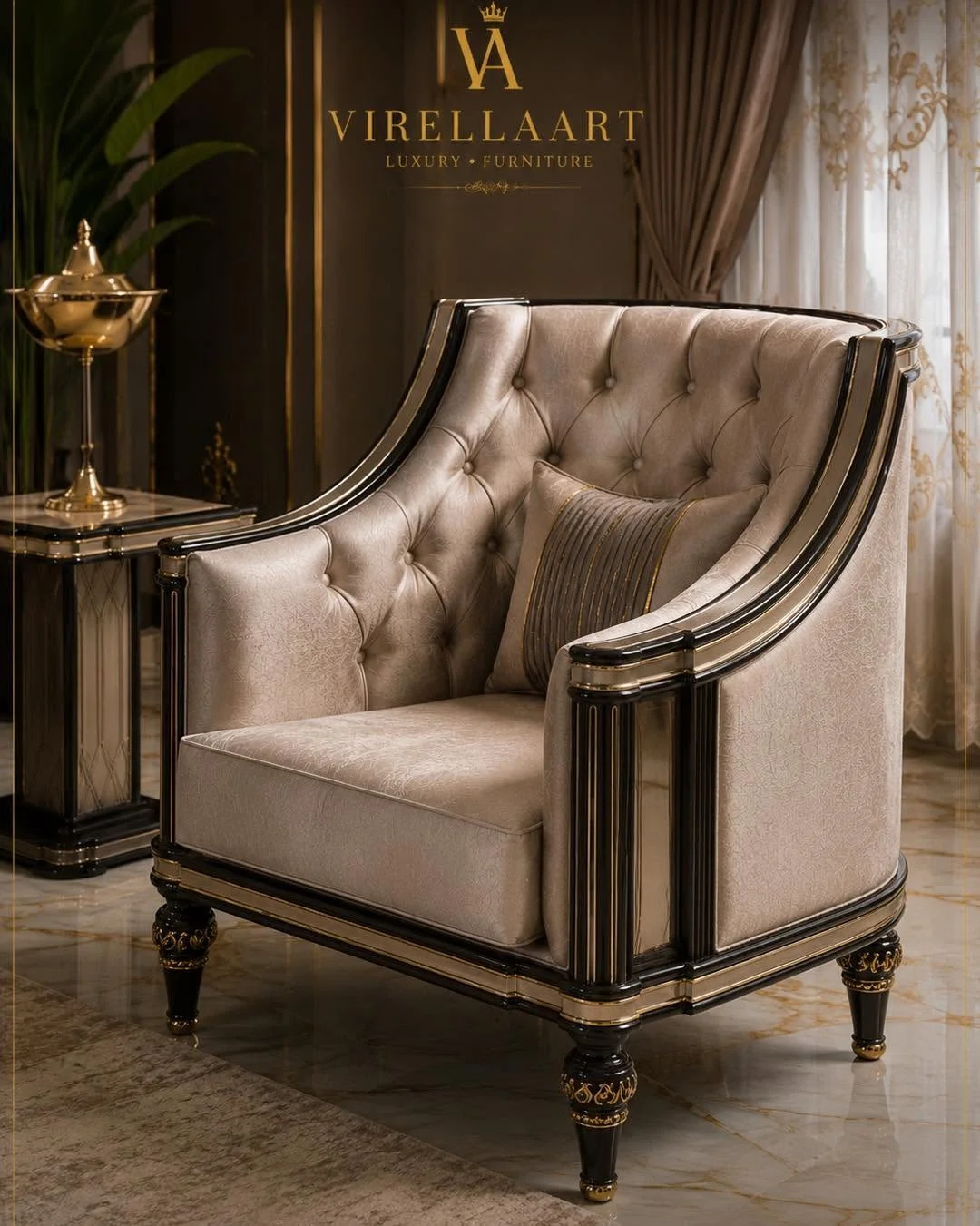 Lina ivory armchair with a high tufted back, curved dark frame, gold-tone trim and decorative turned legs