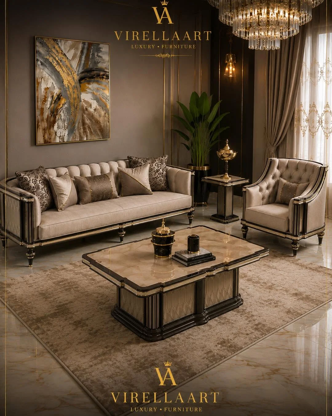 Lina ivory sofa and armchair arrangement with a rectangular center table in a warm luxury living room