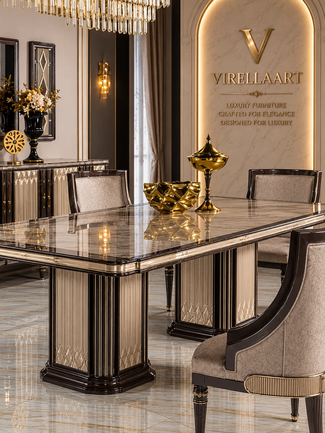 Lina rectangular dining table with dual fluted pedestal bases, upholstered high-back chairs and matching console in the background