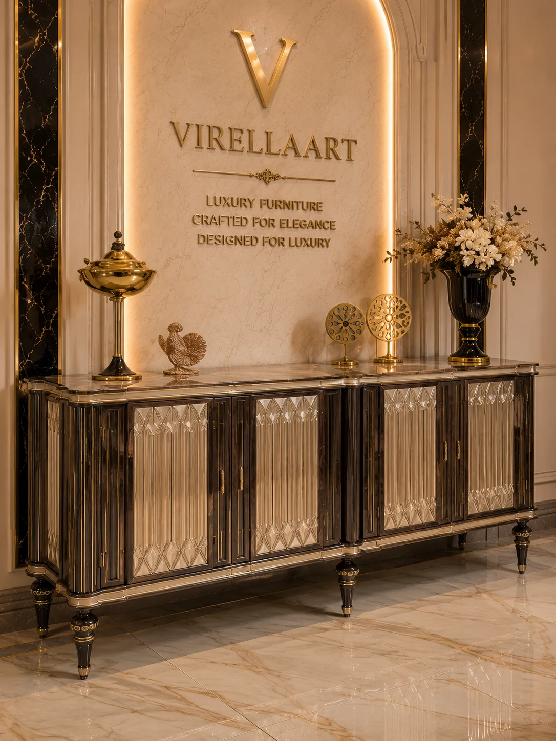 Front view of the Lina dining console with dark wood framing, vertically fluted cream doors, diamond accents and slender decorative legs