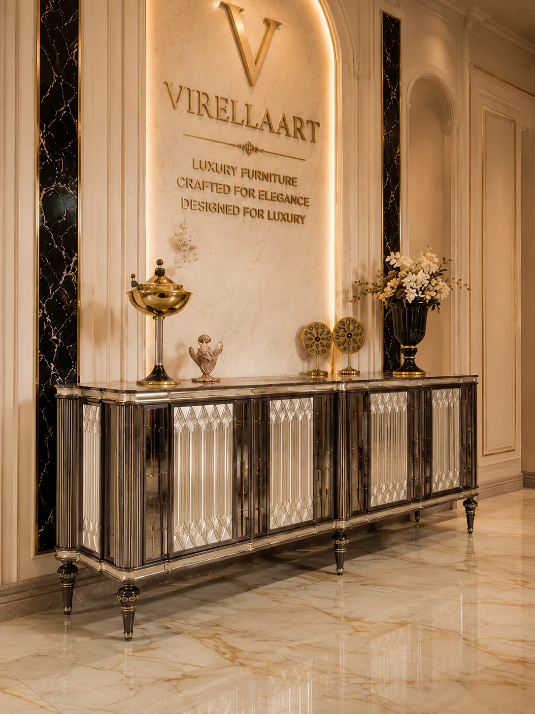 Three-quarter view of the Lina dining console with cream fluted panels, dark wood framing, gold-tone handles and decorative tapered legs