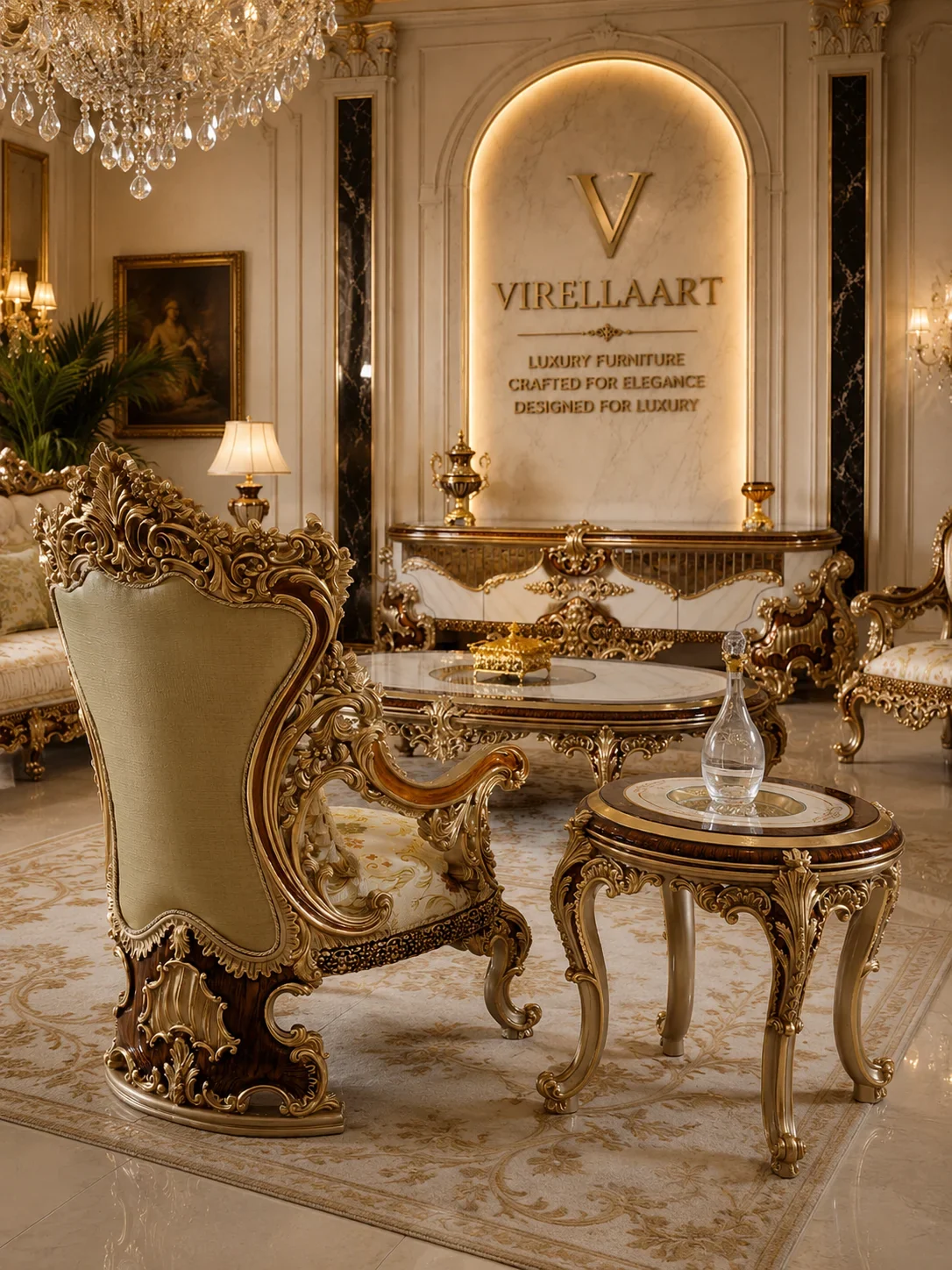 Ornate luxury living room with classic seating, side tables and a decorative statement mirror