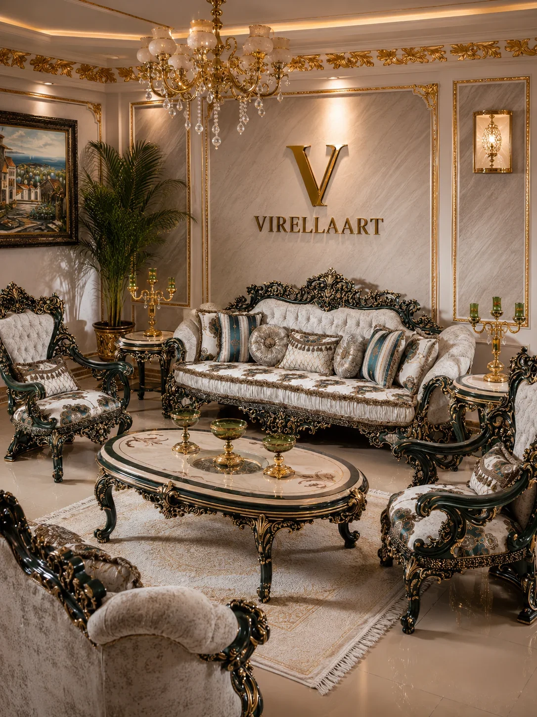 Luxury living room sofa positioned against a large decorative statement wall