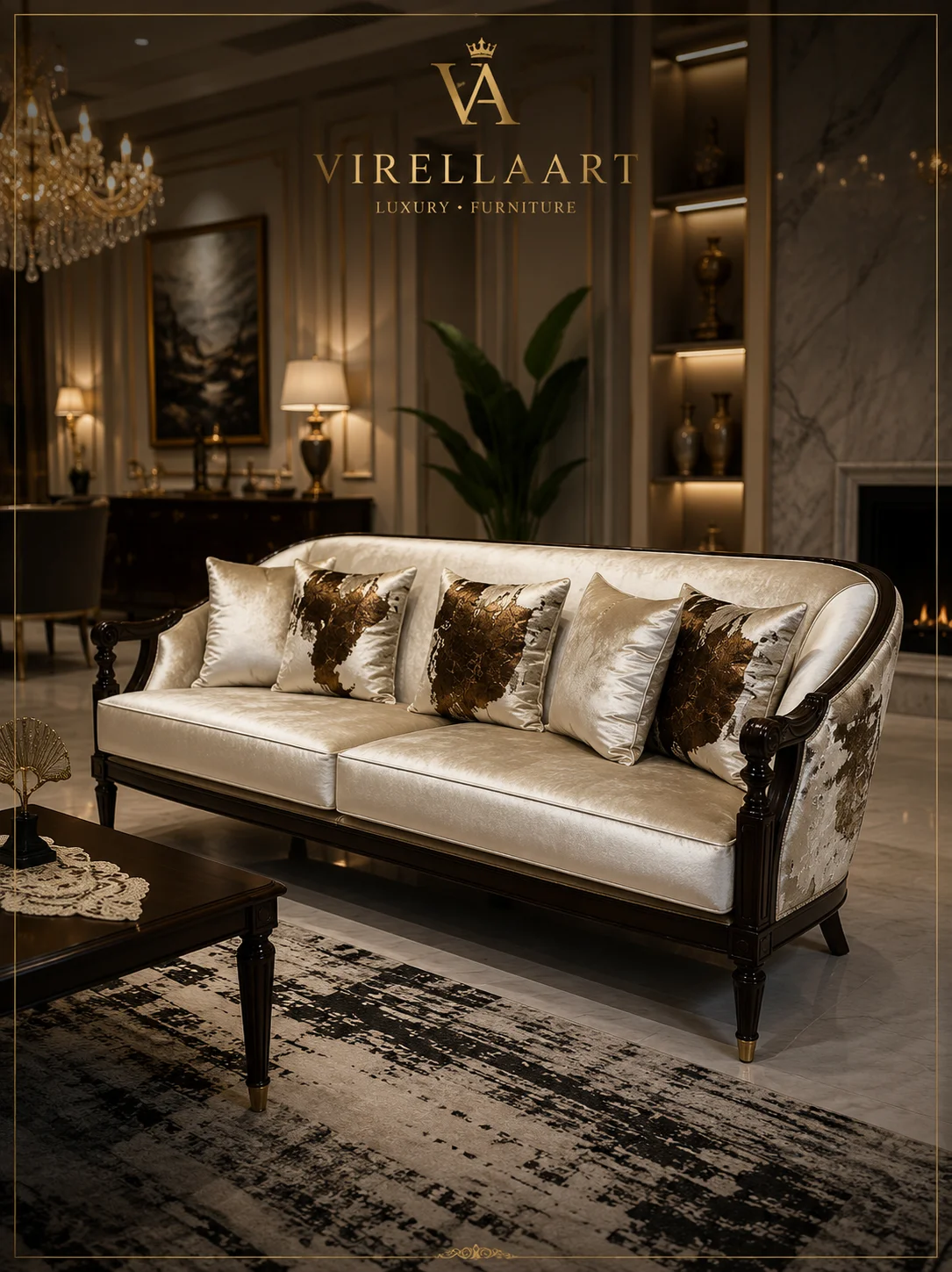 Lugano ivory sofa three-quarter view with a curved back, dark carved wood frame and metallic brown patterned cushions