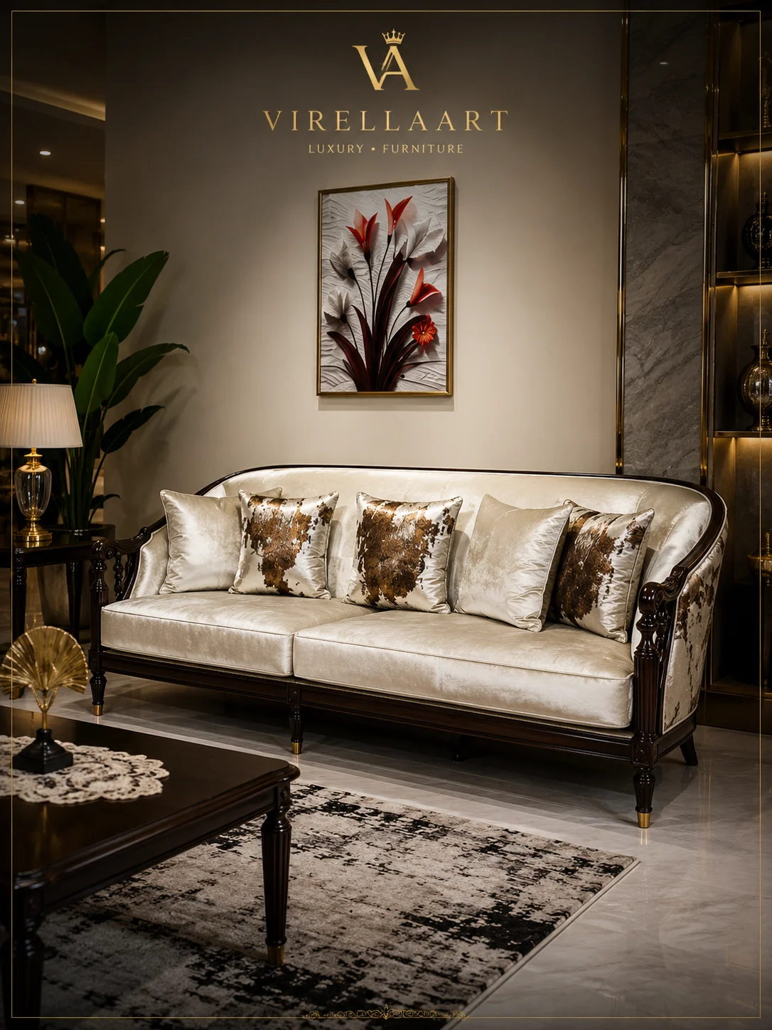 Lugano ivory three-seat sofa front view with a dark carved wood frame, patterned cushions and matching center table