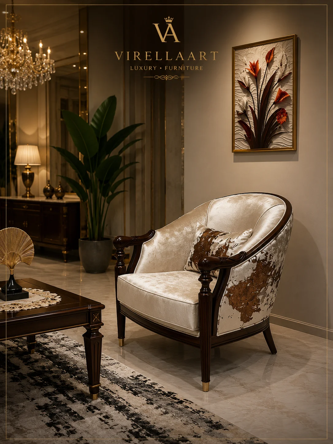 Lugano ivory armchair with a curved back, dark carved wood arms and brown abstract patterned outer upholstery