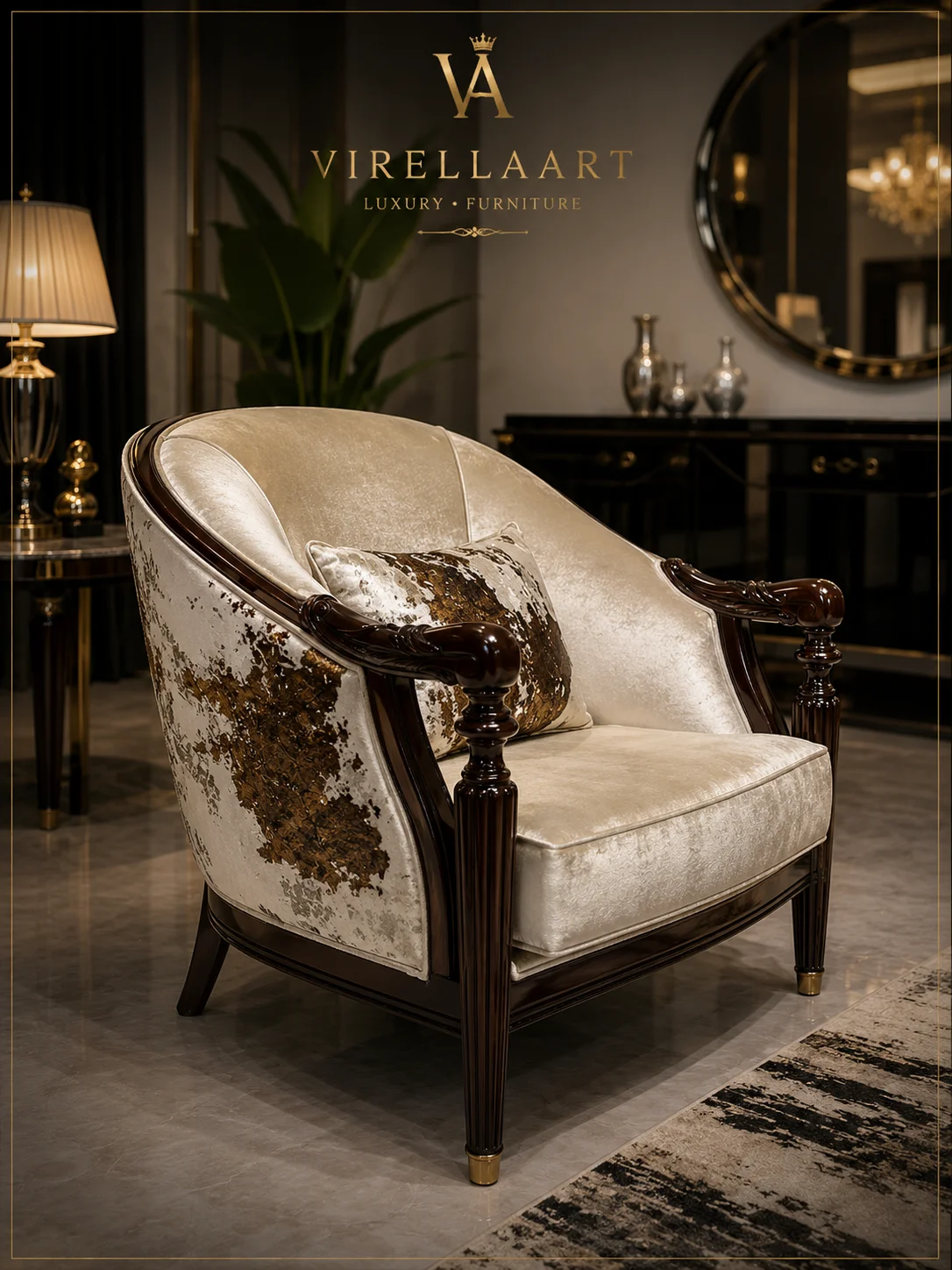 Close-up of the Lugano ivory armchair with a dark carved wood frame, patterned outer upholstery and matching accent cushion