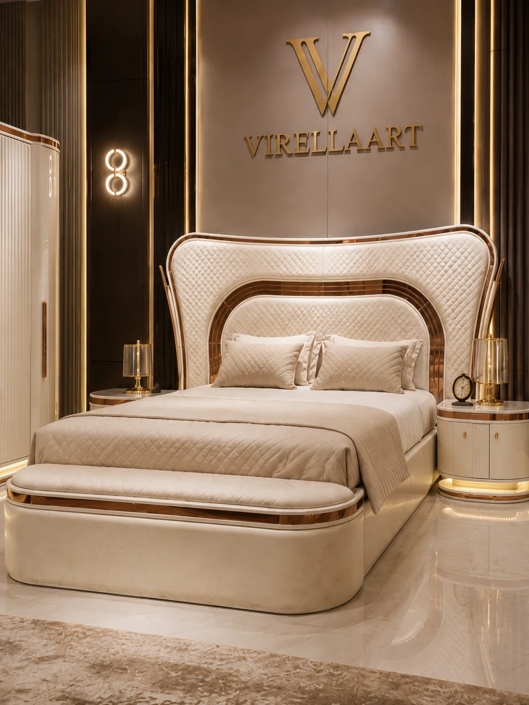 Front view of the Marsilya cream bed with a quilted curved headboard, champagne-tone trim, matching nightstands and padded foot bench