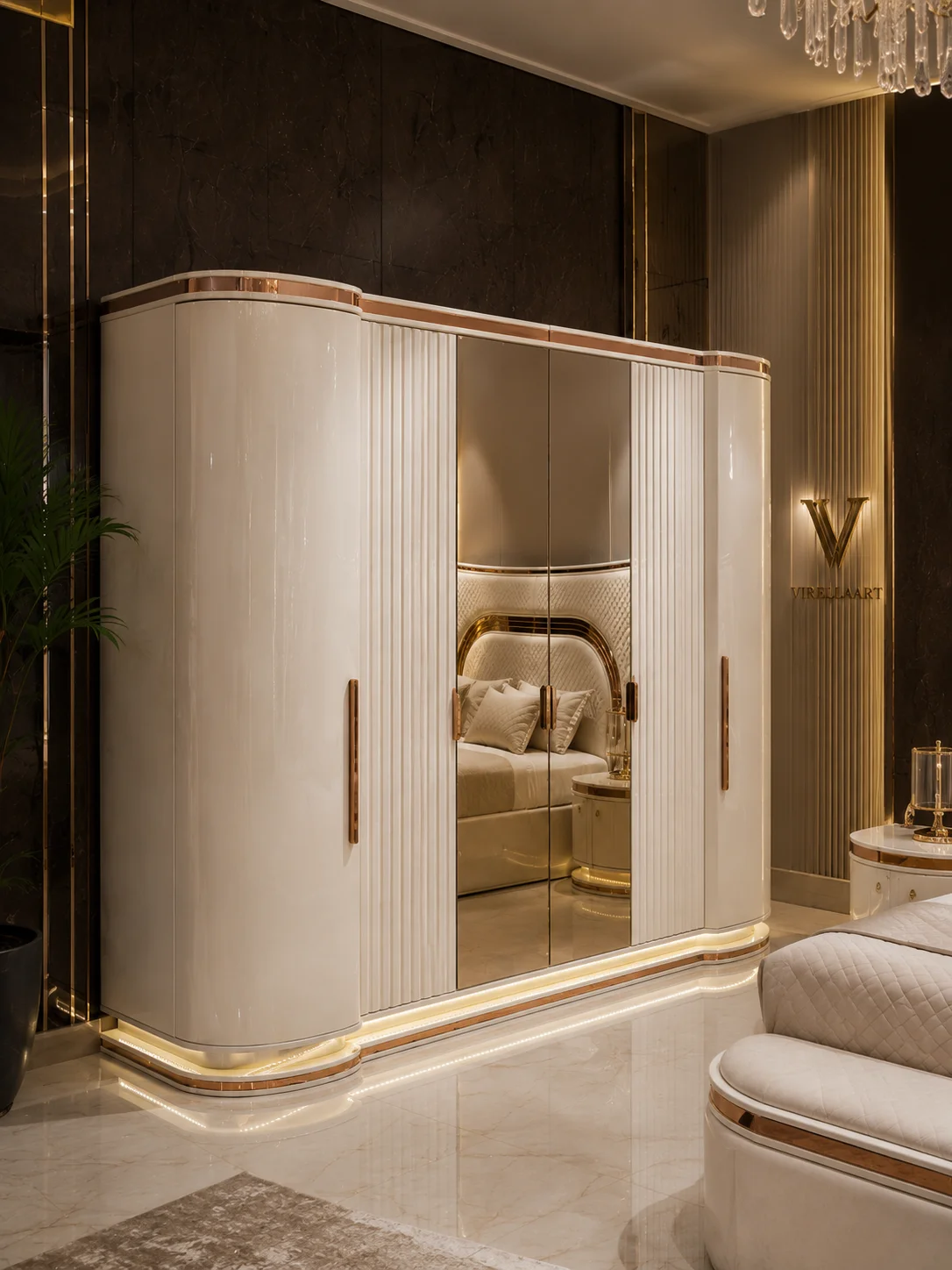 Marsilya cream wardrobe with rounded corners, fluted outer doors, central full-length mirrors and champagne-tone trim