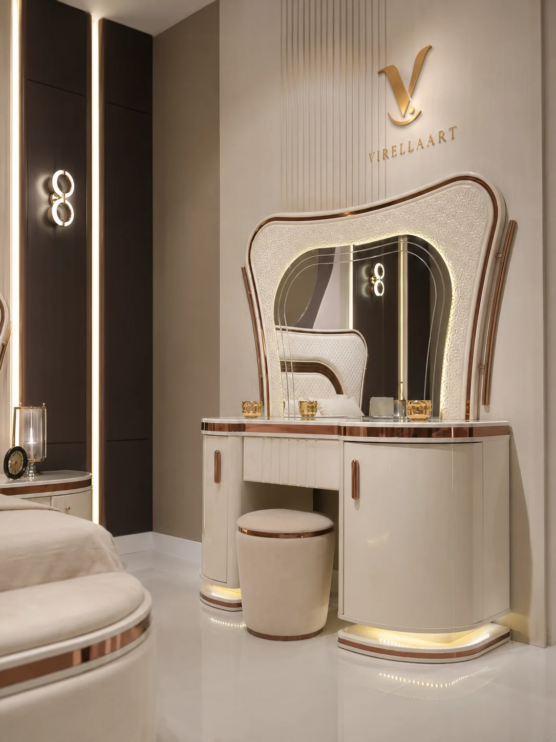 Marsilya cream bedroom dresser with curved cabinet sides, illuminated sculptural mirror, champagne-tone trim and matching upholstered stool
