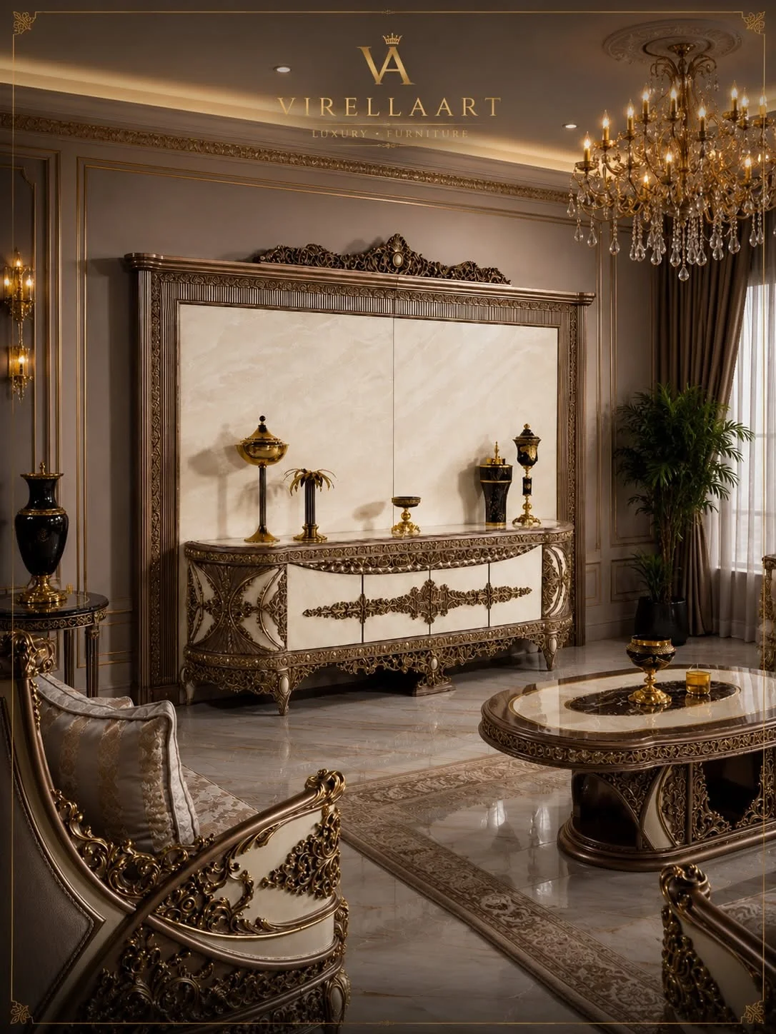 Milano ivory console cabinet with elaborate gold-tone ornament, framed wall panel and matching oval center table