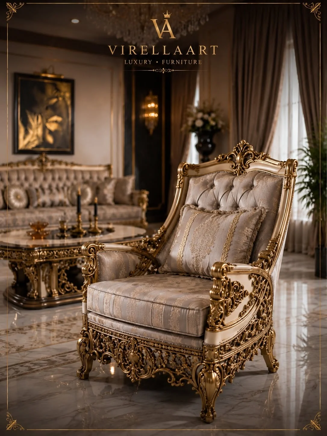 Milano ivory armchair close-up with tufted upholstery, patterned cushions and an elaborate gold-tone carved frame