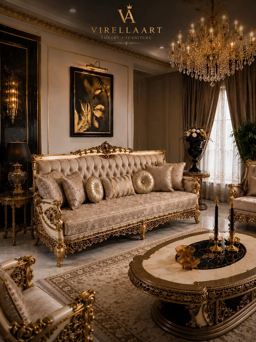 Milano ivory three-seat sofa with a tufted back, patterned cushions and an ornate gold-tone carved frame