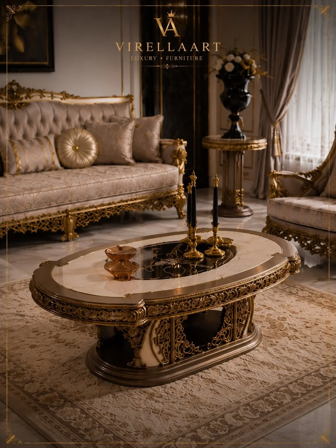 Milano oval center table with ivory and dark decorative panels, ornate gold-tone trim and matching seating in the background
