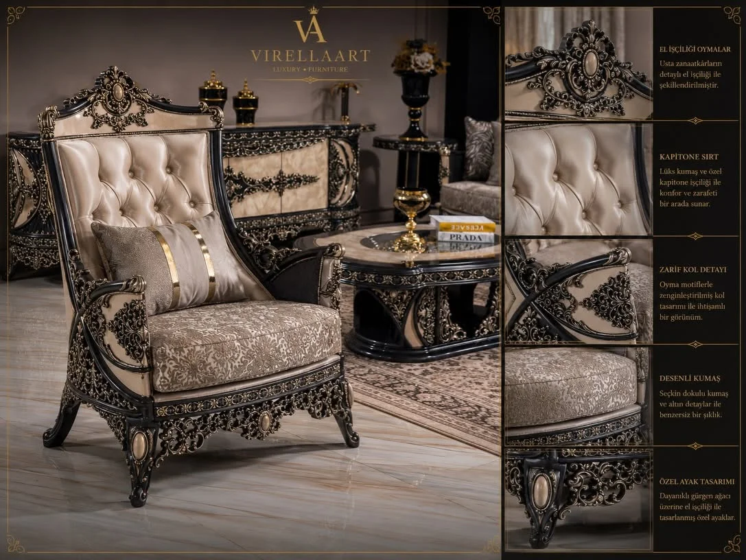 Milano Blue ivory armchair with a tufted back, patterned seat and intricate dark carved frame shown with decorative detail panels