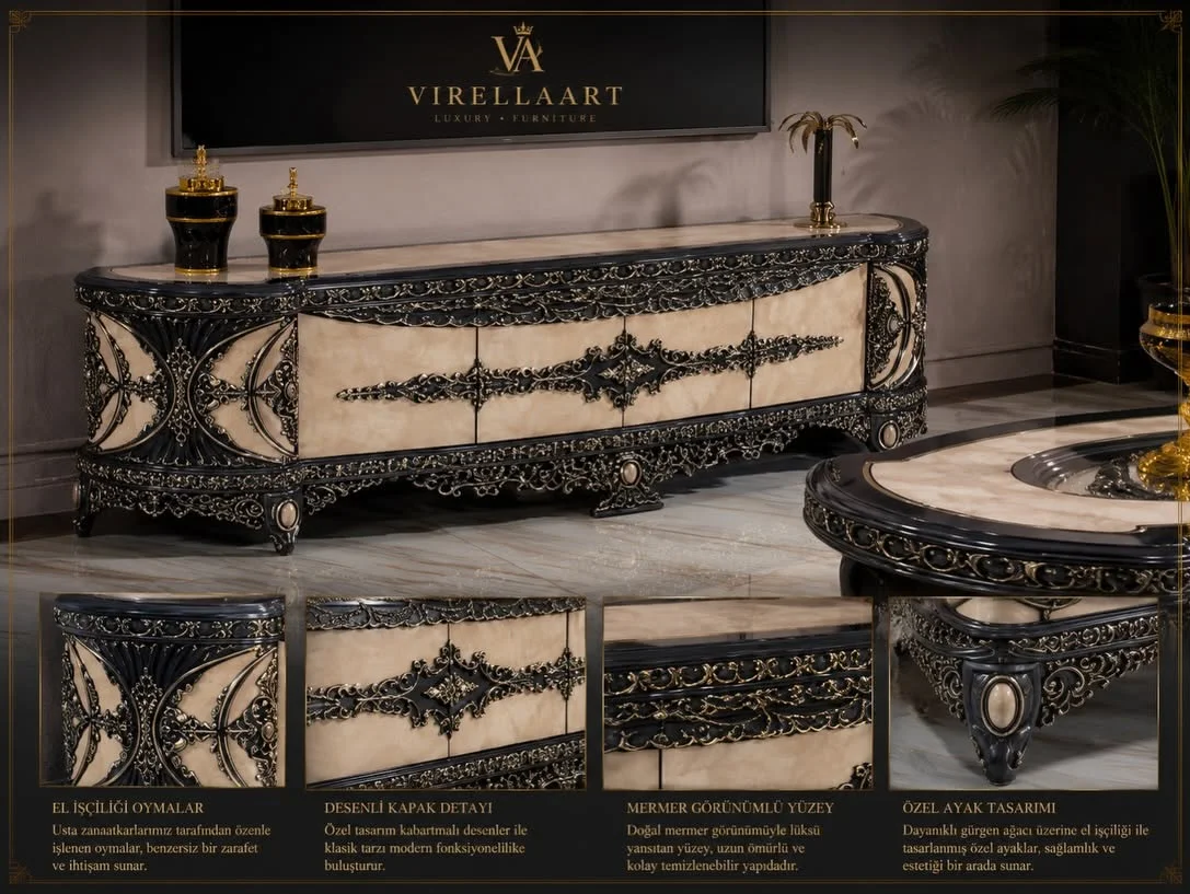 Milano Blue console cabinet with ivory panels, intricate dark carved ornament and a light stone-look top