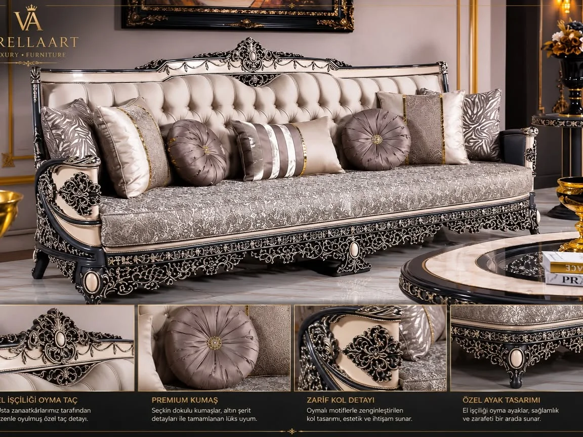Milano Blue ivory tufted three-seat sofa with a patterned seat, round accent cushions and an intricate dark carved frame